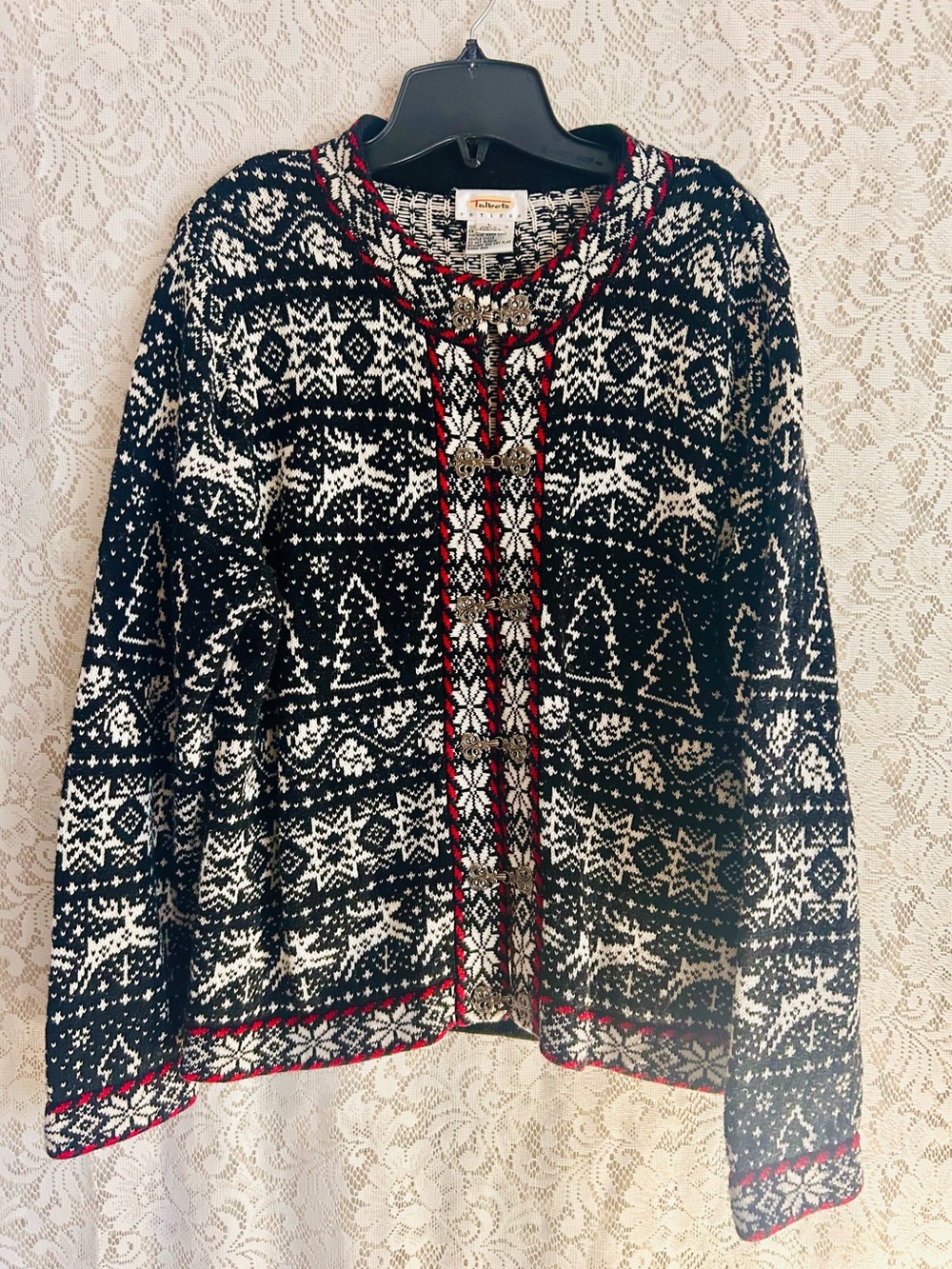 Vintage Talbots Fair Isle Nordic Sweater Cardigan Clasps Black Petite Large